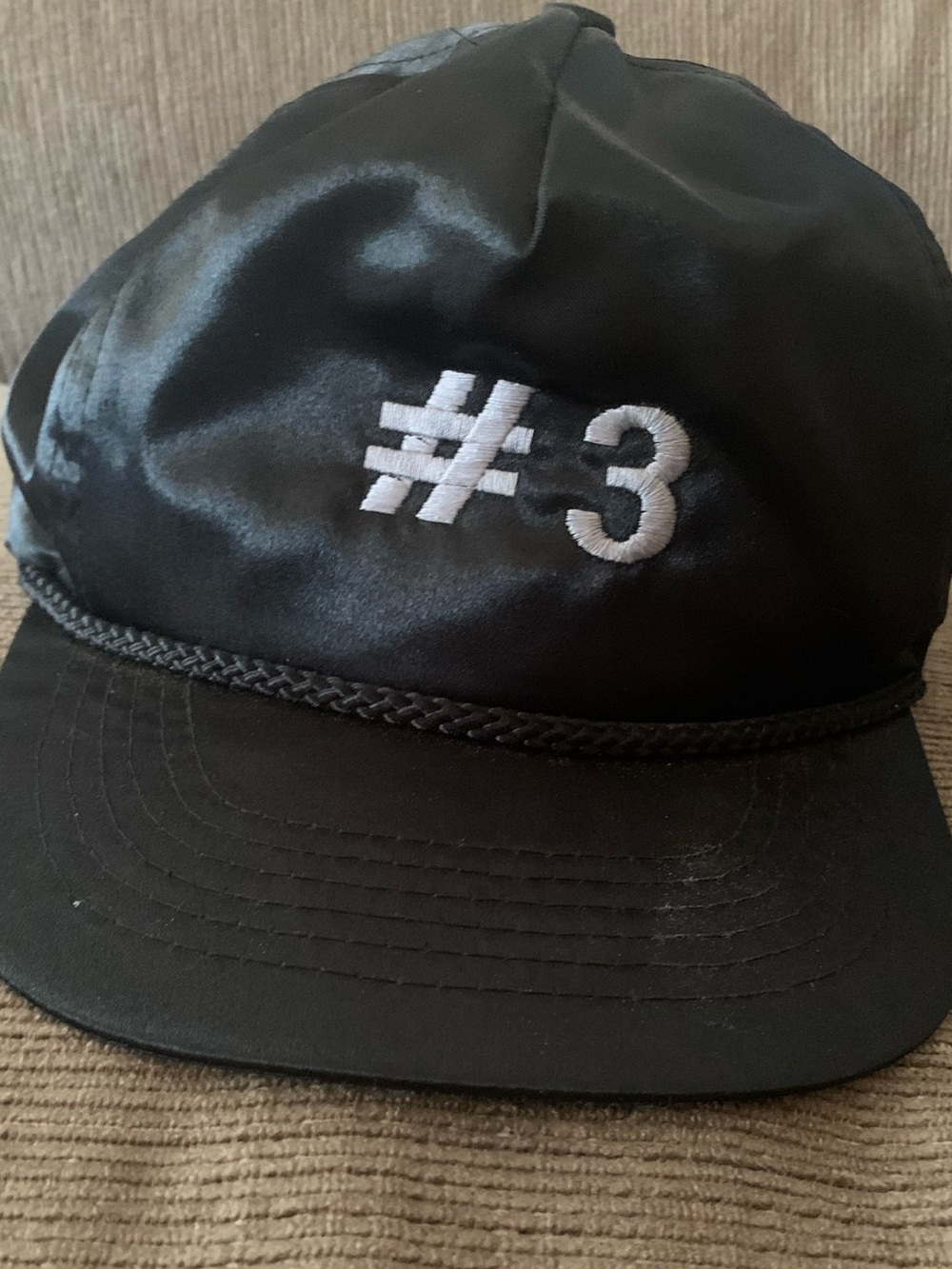 Black Satin Cap with White "#3" Embroidery - Men's Hat